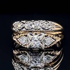 lot 85 image: Womens  Antique Diamond Filigree Milgrain Geometric 2-Piece Bridal Wedding Ring Set in 14k Two-Tone Gold Estate