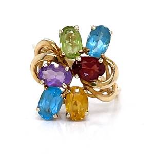 lot 86 image: Mixed Rainbow Semi-Precious Gem Cluster Bouquet Estate Ring in Yellow Gold