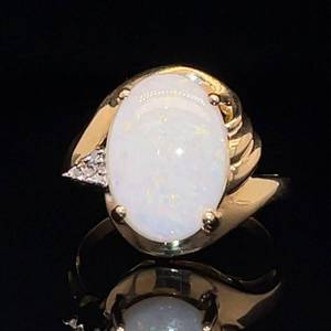 lot 88 image: Tranquil Color Oval Large White Opal & Diamond Swirling Cocktail Ring in 14k Yellow Gold