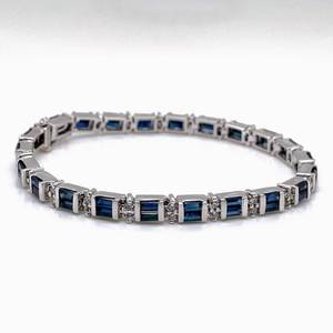 lot 5 image: Designer Stamped Natural Blue Sapphire & Round Diamond Double Row Tennis Estate Bracelet in 14k White Gold $7299 Retail