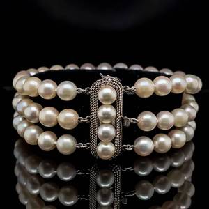 lot 24 image: Sophisticated Vintage 1 Wide Triple Strand White Pearl Estate Bracelet w 14k White Gold Triple Rope Hook Clasp $2400 Retail VIDEO