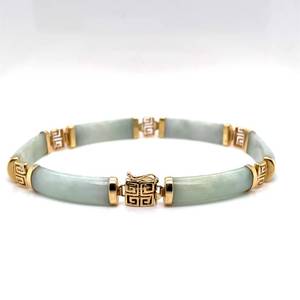 lot 46 image: Lucky Fortune Genuine Jade Rectangular Link Asian Symbol Bracelet in 14k Yellow Gold Weighs 15.50 Grams