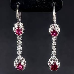 lot 9 image: Vintage Double Natural Ruby Drop Diamond Dangle Estate Earrings in 18k White Gold $4,750 Retail VIDEO