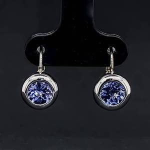 lot 17 image: Drops of Elegance Round, Natural .60 Carat Tanzanite Solitaire Bezel Leverback Dangle Earrings in 14k White Gold $2200 Retail VIDEO