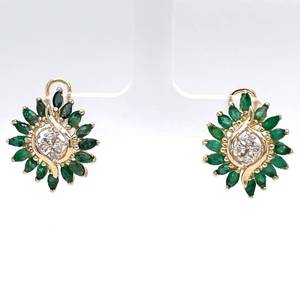 lot 40 image: Dazzling Estate Marquise Emerald and Diamond Omega Back Cluster Flower Earrings in 14k Yellow Gold $1999 Retail
