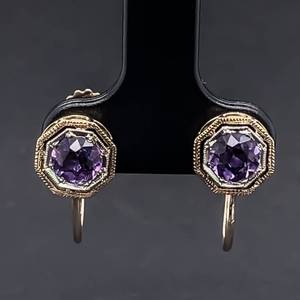 lot 78 image: Vintage Art Deco Amethyst Bezel Screw Back Estate Earrings for Pierced & Non-Pierced Ears in 14k Two-Tone Gold