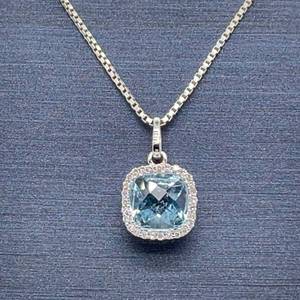 lot 32 image: Tranquil Oceanic Color Natural Aquamarine & Diamond Faceted Cushion Cut Estate Birthstone Pendant in 18k White Gold $2850 Retail VIDEO