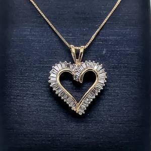 lot 35 image: Heartfelt Luxury 0.75ctw Diamond Baguette Cluster Open Heart Halo Pendant in 14k Yellow Gold $1850 Retail