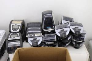 Box of Dymo & Zebra Printers