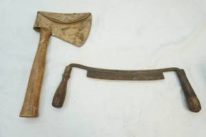 lot 5 image: vintage log de-barking tool and hand axe