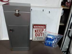 Vintage Metal Cabinet 10x13x30, Keep Out Metal Sign, Bag Of VHS Blank Tapes