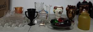 Lot Of Vintage Glass Ware, Vases, Candy Dish, Glass Fruit & Luncheon Set