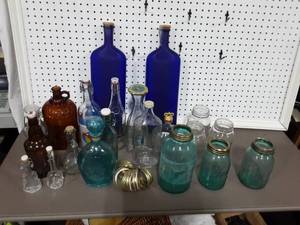 Collection Of Old Glass Bottles & Ball Jars & Lids