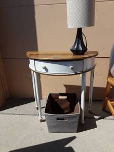 Half Round Table (Pine) With Drawer 30x15x30, Wood Carved Lamp & Cloth Bin.