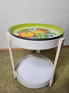 Vintage 1970s Resin Side Table With Vintage Hand-Painted Enamelware Platter