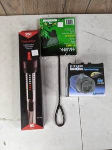 lot 712 image: New Aquarium Pump, Heater and Net Lifegard Quiet One Aquarium Pump 240 GPH, Aquatop 250W Submersible Aquarium Heater for 65 Gal. and Marina Easy Catch 6 Net