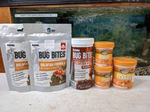 lot 362 image: 6 NEW Goldfish Goodies Fluval Bug Bites Pellets & Flakes and Omega One Goldfish Flakes