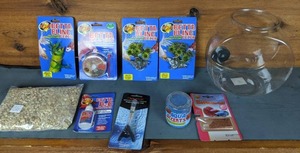 lot 371 image: NEW 10 Piece Betta Starter Kit with Bowl, Gravel, Decorations, Food, Thermometer & Water Conditioner