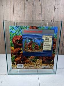 lot 136 image: NEW Marineland 25 Gallon Frameless Cube Aquarium for Saltwater or Freshwater Fish