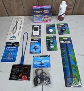 lot 514 image: New Aquarium Supplies Fluval Nitrate Test, Aquavitro Curved Spring Shears, Fluval Spring Scissors, & More