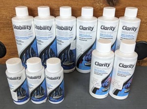 lot 605 image: NEW 11 Piece Lot 5 Bottles Seachem Clarity (3.4oz. & 8.5oz.), 6 Bottles Seachem Stability (1.7oz. & 8.5oz.)