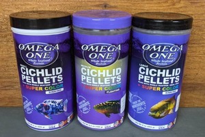 lot 631 image: NEW Assortment of Small, Medium & Large, FloatingSinking Omega One Cichlid Pellets  Super Color (3 Containers)