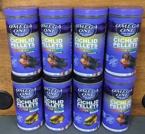 lot 636 image: NEW Assortment of Large, FloatingSinking Omega One Cichlid Pellets  Super Color (8 Containers)