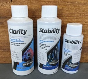 lot 598 image: NEW One 3.4 oz. Bottle Seachem Clarity, One 3.4 oz. Bottle Seachem Stability, One 1.7 oz. Bottle Seachem Stability