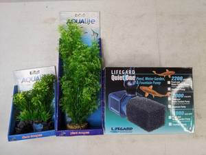 lot 732 image: New Aquarium Pump and Plants Lifegard Quiet One Pond, Garden and Fountain Pump 758 GPH and Aqualife 14 Plant and 6-8 Deco Scapes