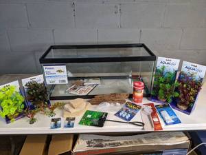 lot 971 image: NEW 20 Gallon Long Tank with Accessories (Plant Scapes, Air Diffusers, Shrimp Net, and more)