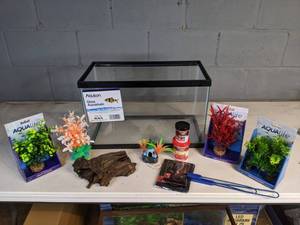 lot 960 image: NEW Small Tank Setup and Accessories (Plant Scapes, Omega One Flakes, Nets, and more)