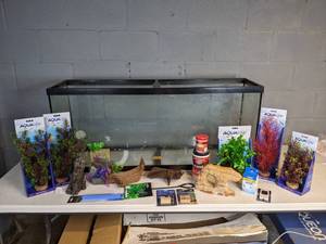 lot 966 image: Floor Model 55-Gal Tank with Assorted New Items (Plant Scapes, Omega One Flakes, Air Diffusers, and more)