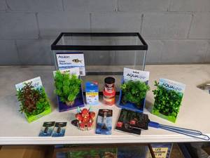 lot 959 image: NEW Small Tank Setup and Accessories (Plant Scapes, Omega One Flakes, Weighted Thermometer, and more)