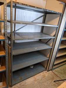 lot 985 image: Industrial Metal Shelving Unit with Attached Pegboard