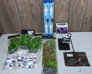 lot 1269 image: Aquarium Accessories Vera-Life Decor, 18 Actinic Blue Marine Lamps, Phosphate Pro Test Kit, Water Testing Chemicals, Python Porter Velcro Closure and More