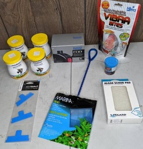 lot 1195 image: NEW Items 4 Jars Aqueon Tropical Flakes, Aquablade-P, Hydor Centrifugal Pump, Hikari Vibra Bites and More