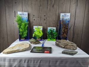 lot 1301 image: Assortment of (4) Plant Scapes, (4) Display Rocks, and 8 Fish Net