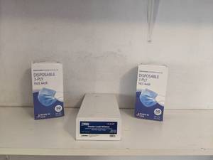 lot 1309 image: 2 Boxes of Disposable Masks and 1 Box of Shoulder-Length OB Gloves