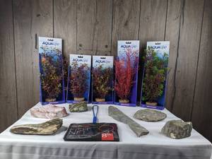 lot 1298 image: Assortment of (5) Plant Scapes, (6) Display Rocks, and 8 Fish Net