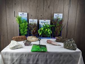 lot 1293 image: Assortment of (4) Plant Scapes, (7) Display Rock, and 6 Fish Net