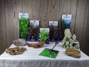 lot 1296 image: Assortment of (5) Plant Scapes, (5) Display Rocks, and 6 Fish Net