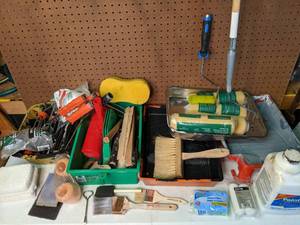lot 1338 image: Large Selection of Painting Supplies Rollers, Paint Stir Sticks, Trays, Brushes, & More