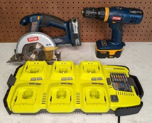 lot 1341 image: Ryobi Tools Circular Saw, Drill, & Super Charger