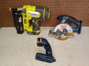 lot 1343 image: Set of 3 Ryobi 18v Power Tools Finish Nailer, Circular Saw, Utility Light Flashlight