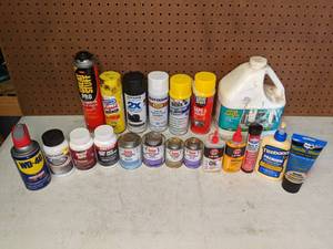lot 1345 image: Assortment of 20 Garage and Shop Lubricants, Cleaners, and More Enamel, Great Stuff Pro, Liquid Wrench, Plastic Wood, Titebond II, 3-In-1, Etc.