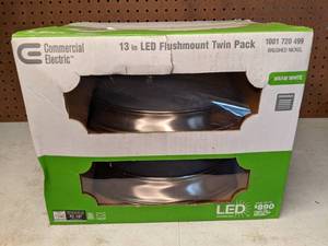 lot 1185 image: New Commercial Electric 13-Inch Brushed Nickel LED Flush Mount Twin Pack , Warm White