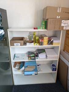 lot 1391 image: 4-Tier Open Shelf with Office Stationery Supplies BIC Pens, Markers, Sharpies, Highlighters, Sticky Notes, Scotch Tape, Notebook Paper, File Folders, Receipt Paper Rolls and More