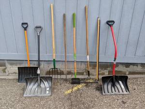 lot 1353 image: Assortment of LawnGarden Tools Garden Rake, Garden Shovel, Pitchfork, Hoe, Snow Shovels and More