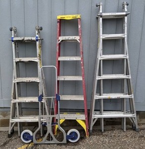 lot 9 image: 3 Ladders (25 ft., 21 ft., 6 ft.) and a Folding DollyCart