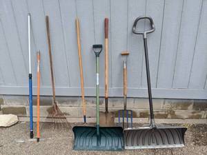 lot 1352 image: Assortment of LawnGarden Tools Rake, Garden Shovel, Pitchfork, Snow Shovels and More